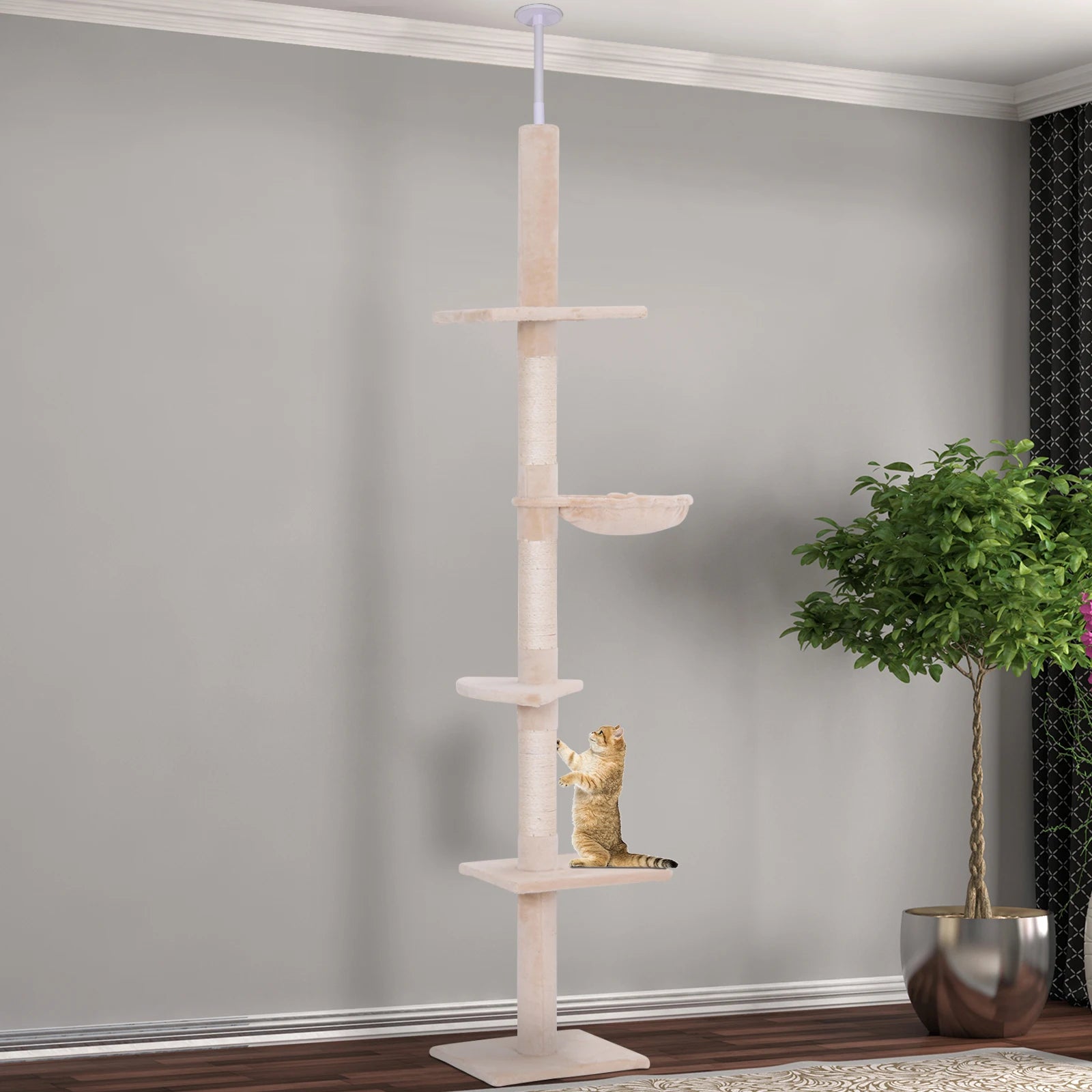 Floor to Ceiling Cat Tree 5 Tier 230-260cm Adjustable Height Scratching Post Plush Platforms for Indoor Cats Grey