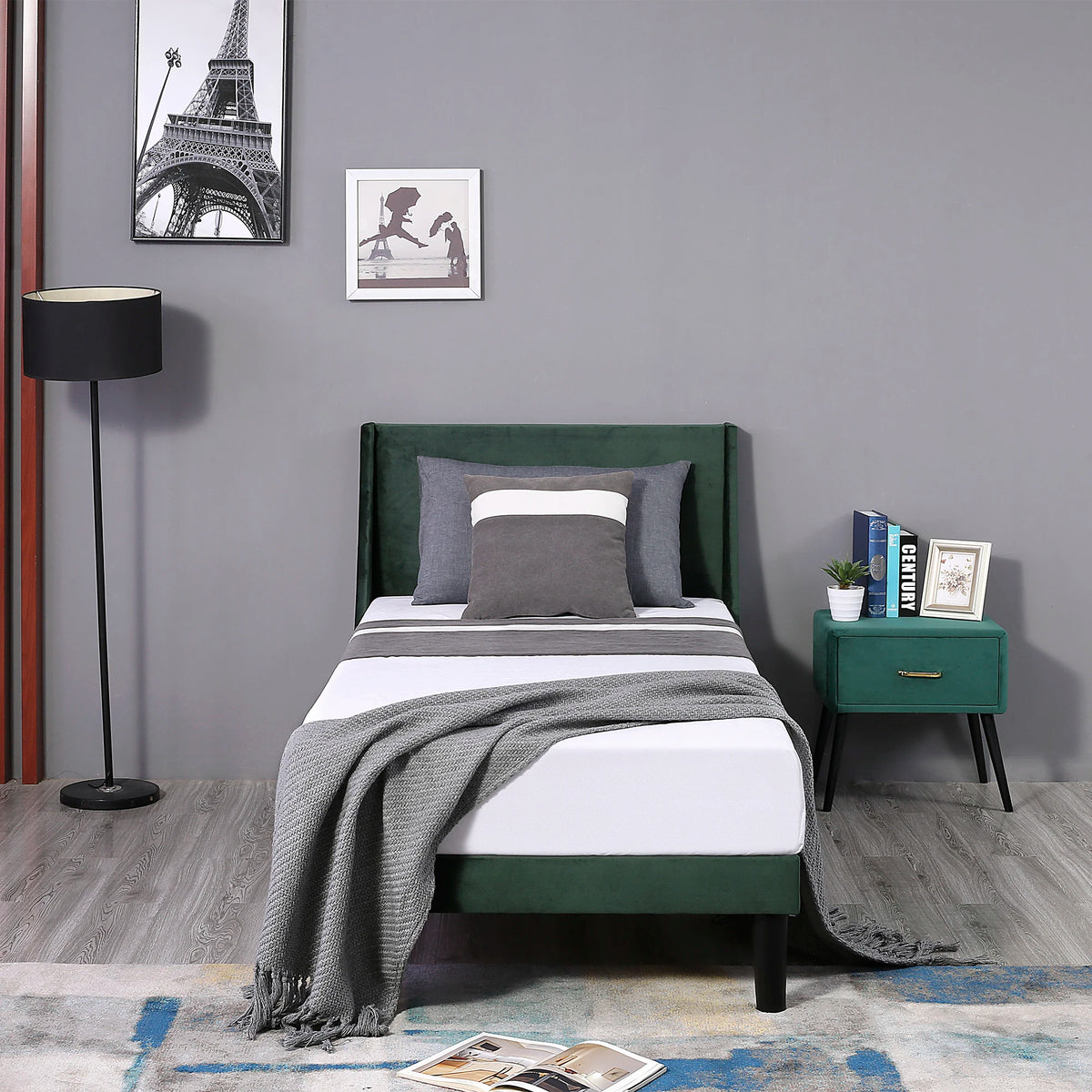 3FT Single Bed with Winged Headboard, Dark Green Velvet Upholstery, Wood Slat Support