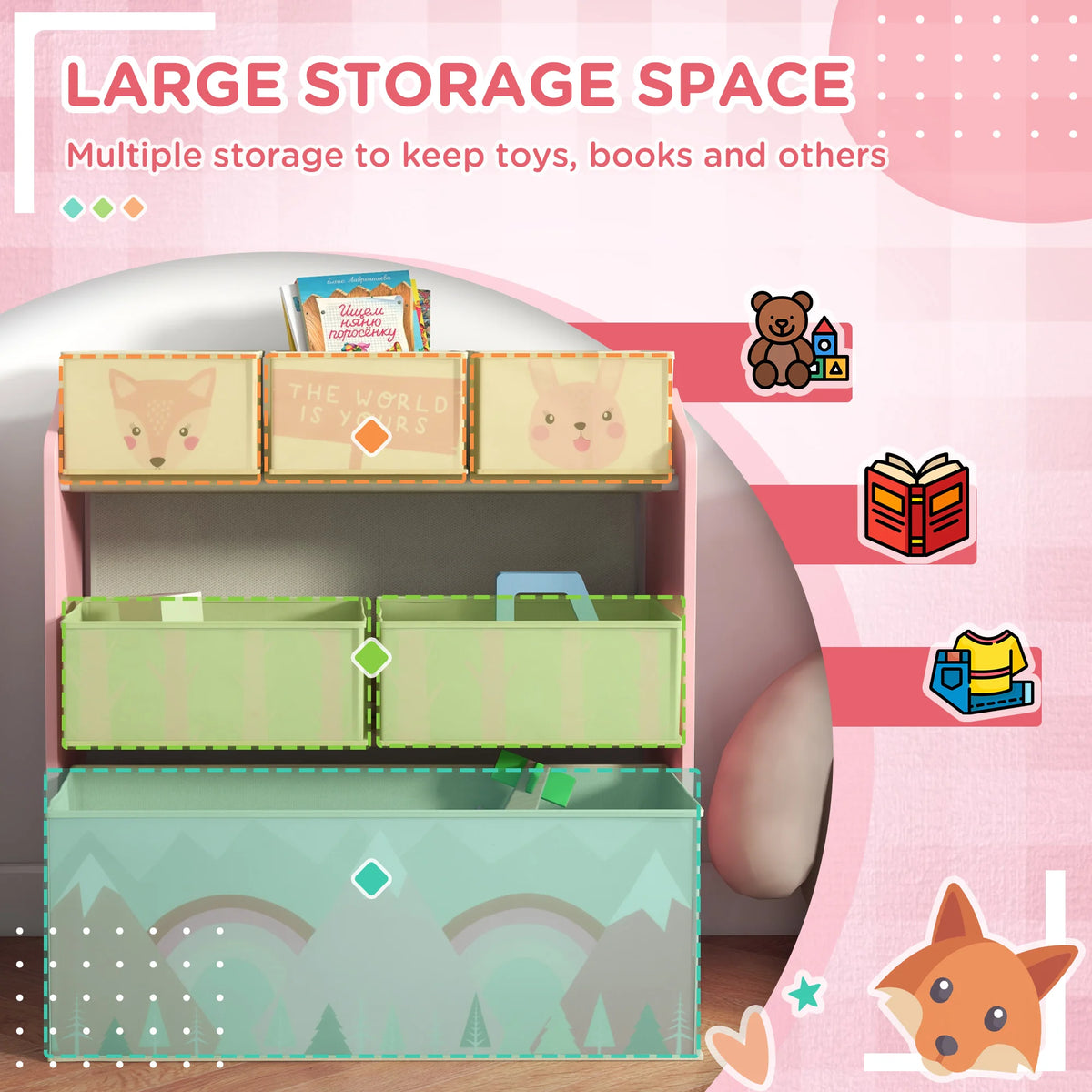 Kids Toy Storage Organiser 63x30x66cm with 6 Fabric Bins MDF Steel Frame for Bedroom and Nursery