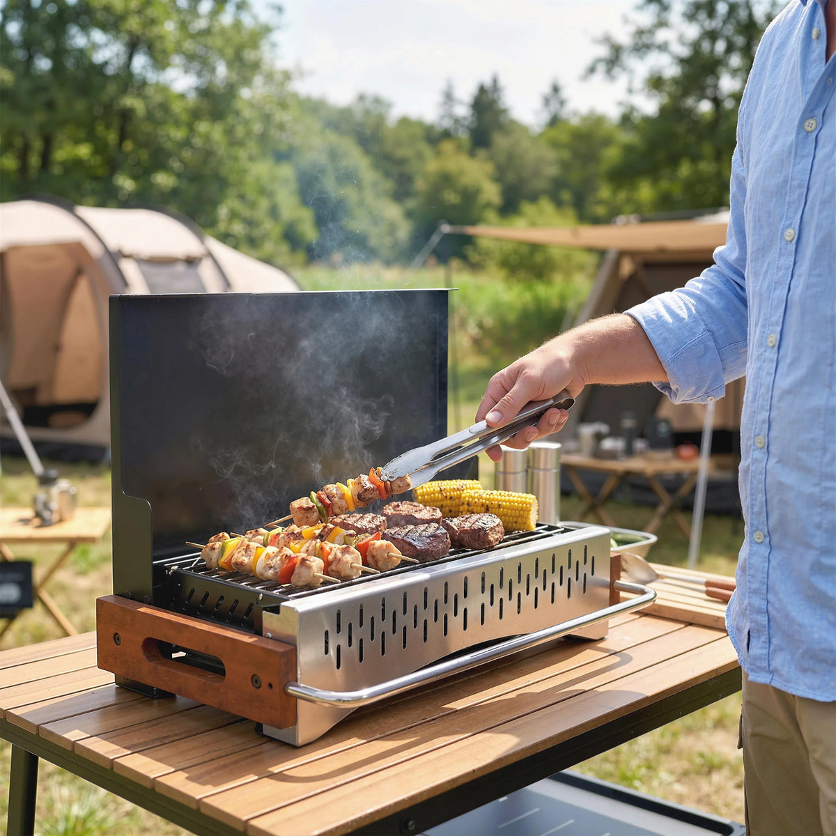 Portable Folding Charcoal BBQ Grill, Briefcase Design, Black