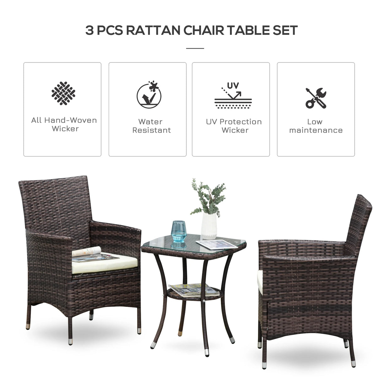Rattan Bistro Set, Garden Chairs and Table, Patio Outdoor Furniture, Brown