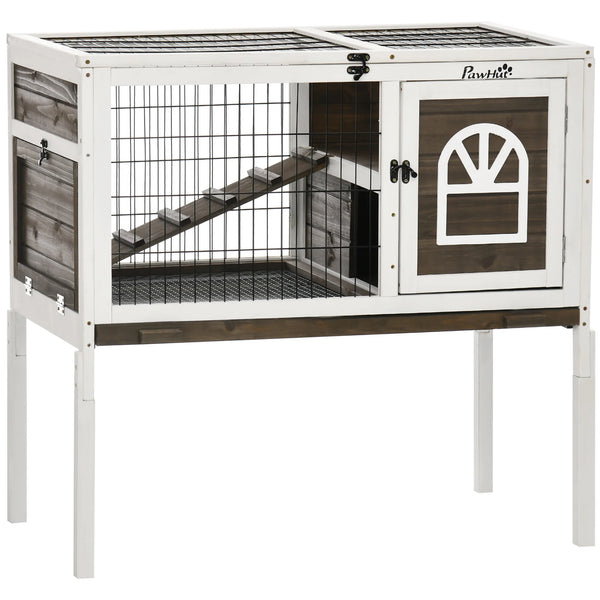 Wooden Rabbit Hutch with Openable Roof Removable Legs Steel Wire Run Ladder and Removable Tray