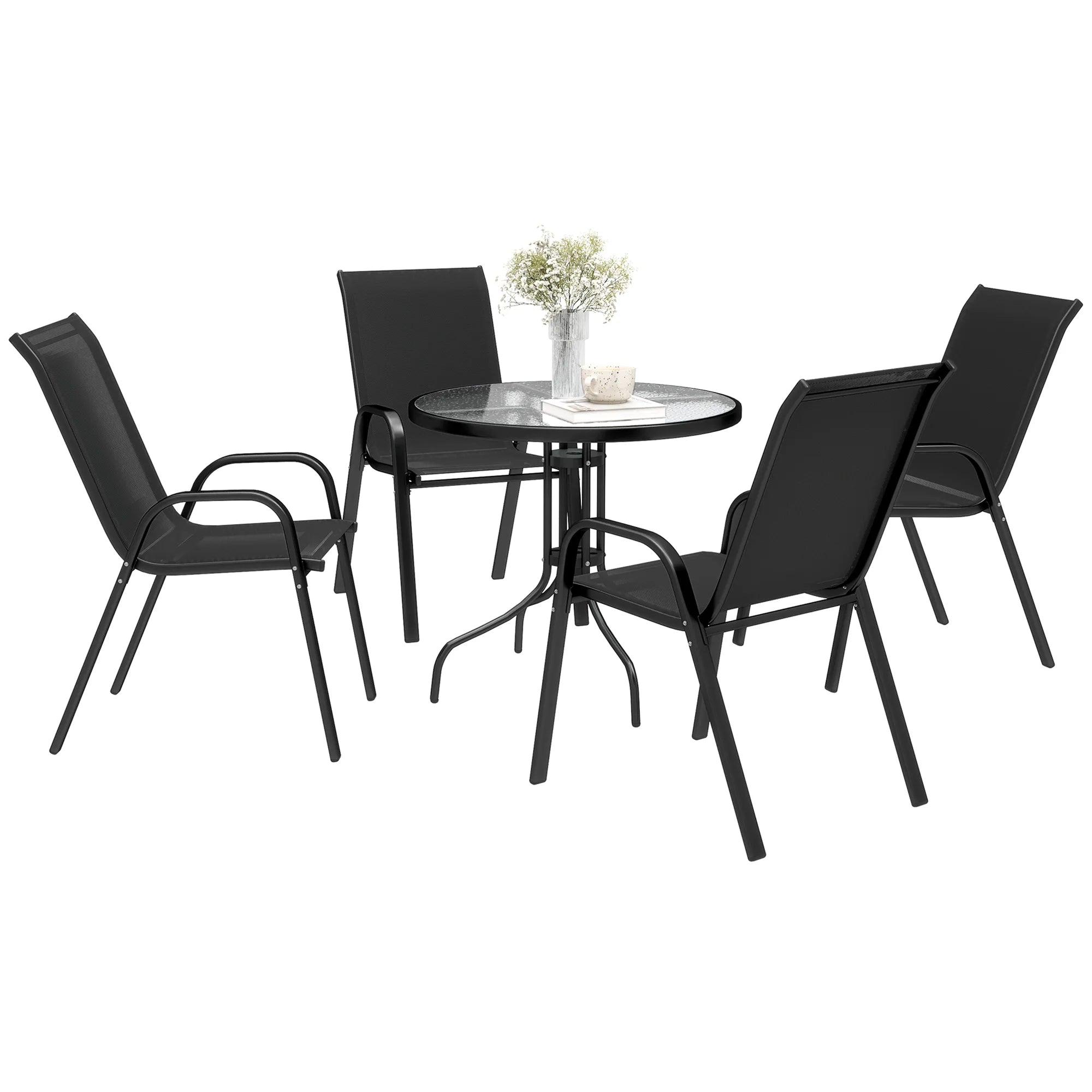 5 Piece Garden Furniture Set 4 Seater Glass Top Table with Stackable High Back Chairs Parasol Hole Black