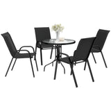 5 Piece Garden Furniture Set 4 Seater Glass Top Table with Stackable High Back Chairs Parasol Hole Black
