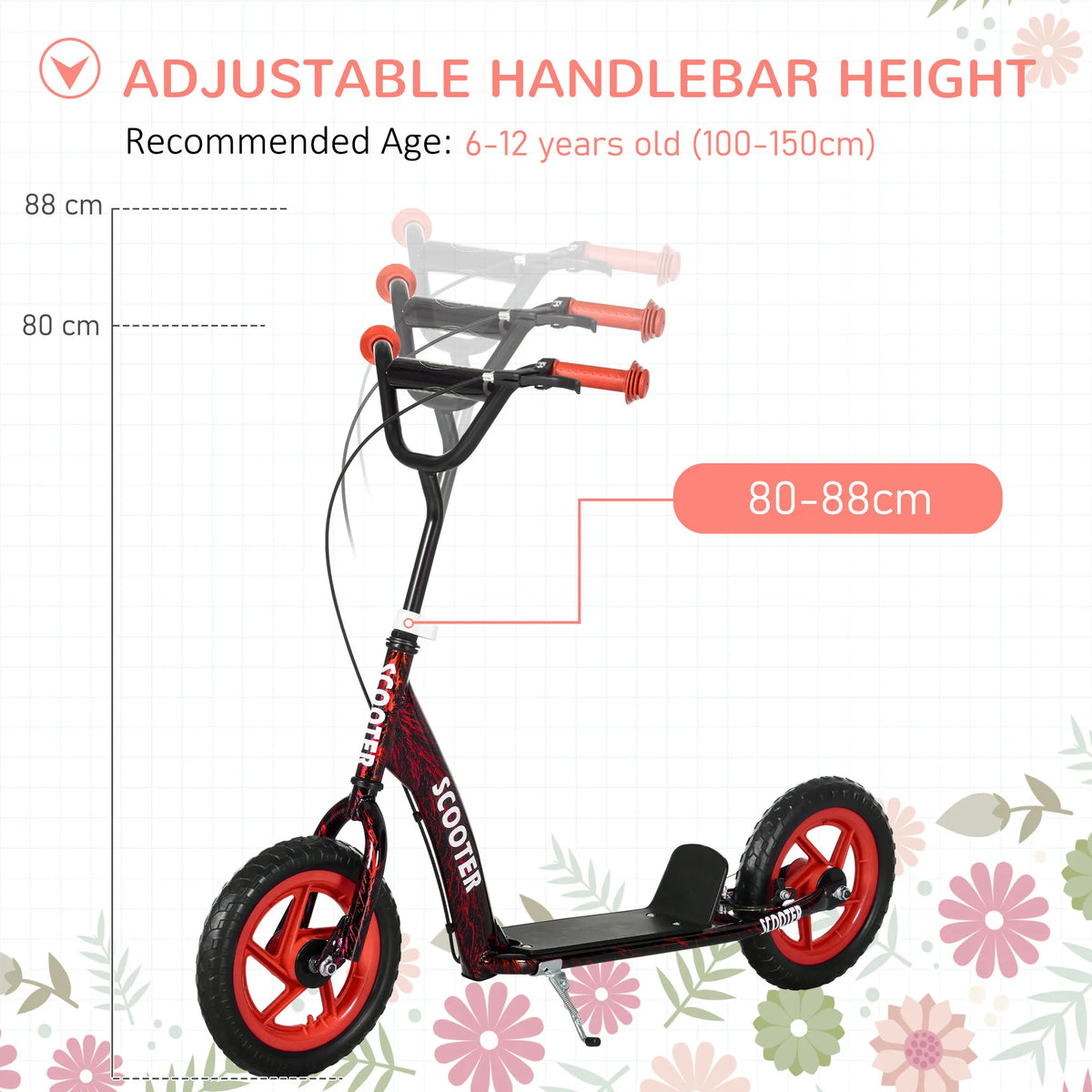 Kids Kick Scooter with Adjustable Handlebar Rear Brake Kickstand and EVA Puncture Proof Wheels Red