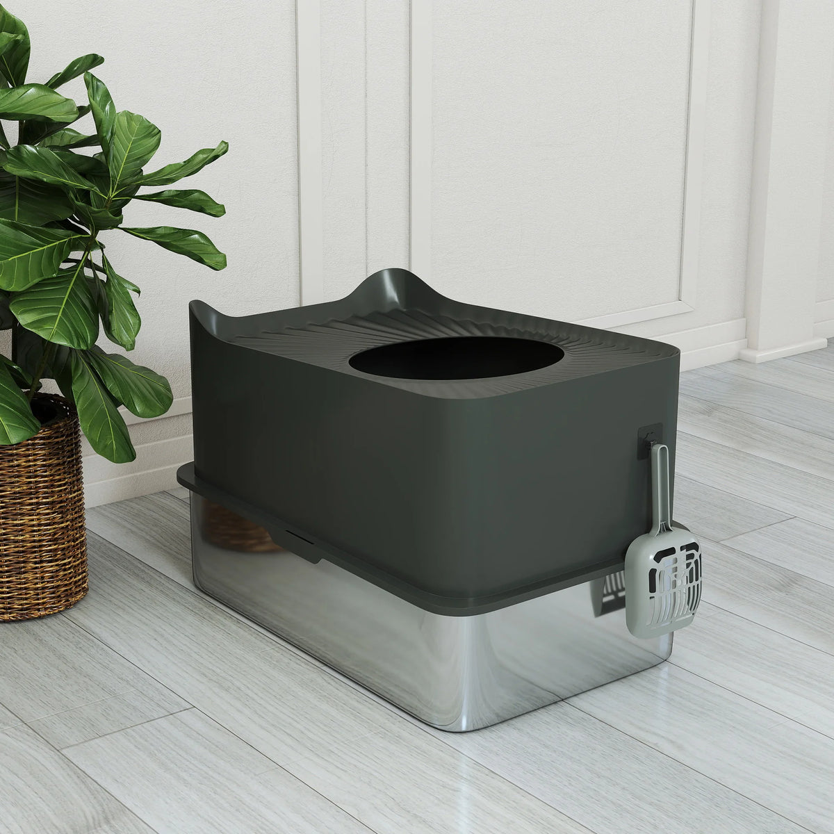 Enclosed Cat Litter Box with Top Entry, Dark Grey