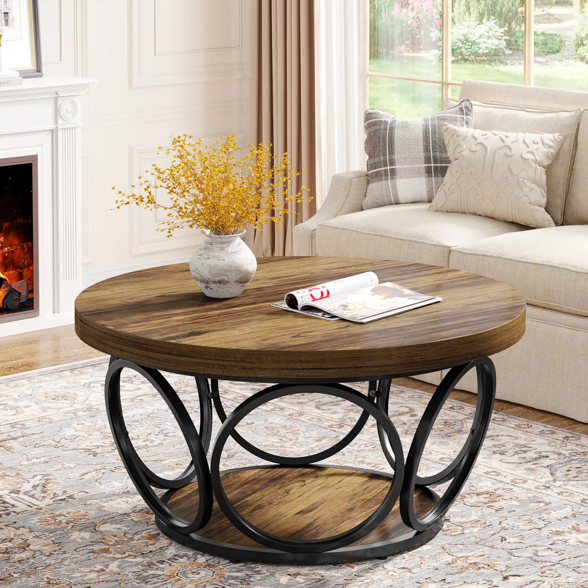 Round Coffee Table 80cm Wooden Center Table with 2 Tier Storage Farmhouse Style