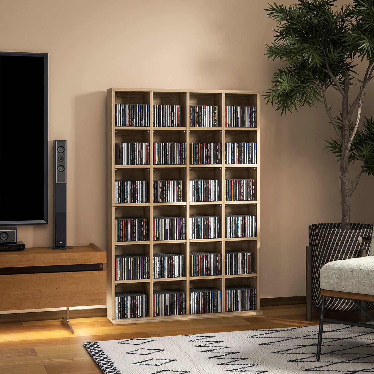 CD and DVD Storage Unit with 24 Cubes and Adjustable Shelves, Holds 456 CDs, Natural