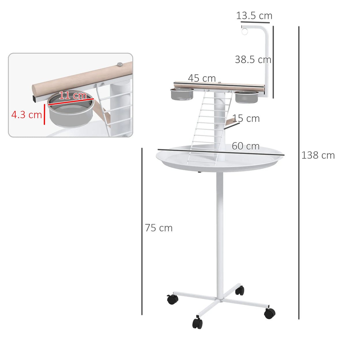 Mobile Bird Table with Perches, Stainless Steel Bowls and Wheels