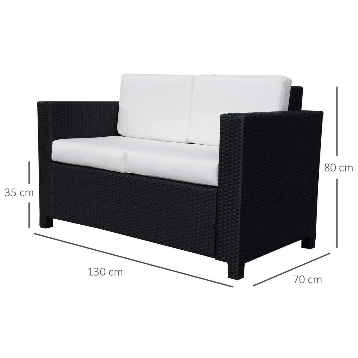2 Seater Rattan Garden Sofa with Padded Cushions, PE Wicker Loveseat with Armrests, 130 x 70 x 80 cm
