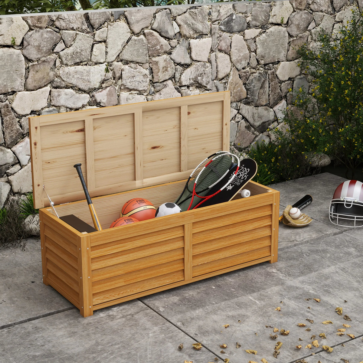 292L Wooden Garden Storage Box, Outdoor Deck Box for Patio and Poolside, Light Brown