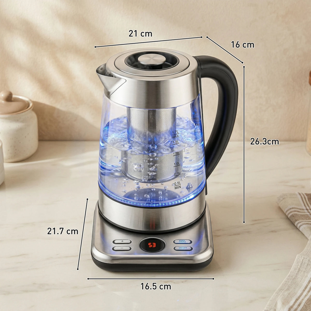 1.7L Glass Electric Kettle with Temperature Control and Tea Infuser, 3kW