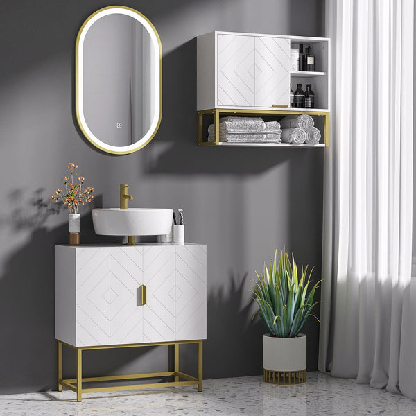 Under Sink Bathroom Cabinet with 2 Doors and Steel Legs, White and Gold