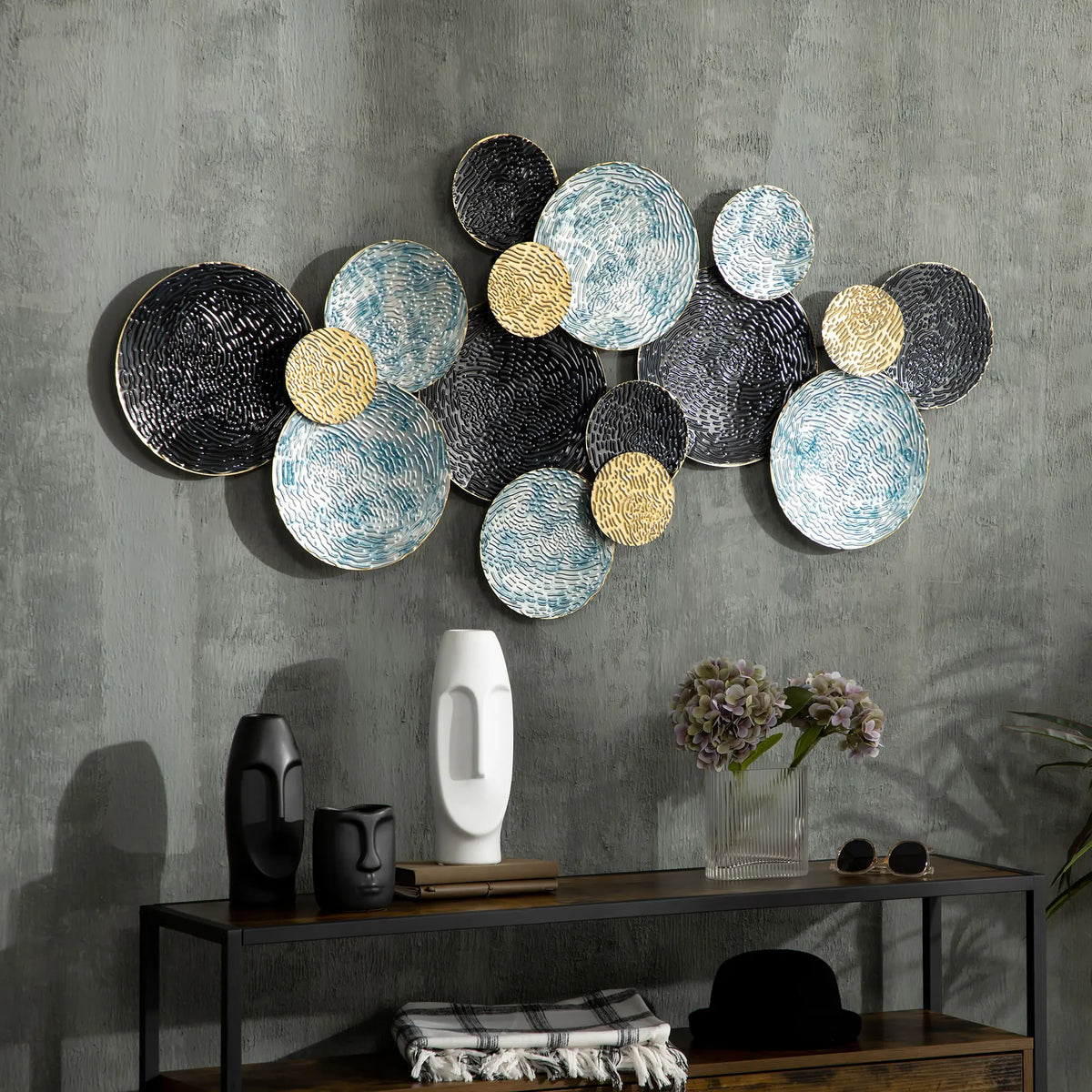 3D Metal Circle Wall Art, 133 x 66cm, Blue, Gold and Black