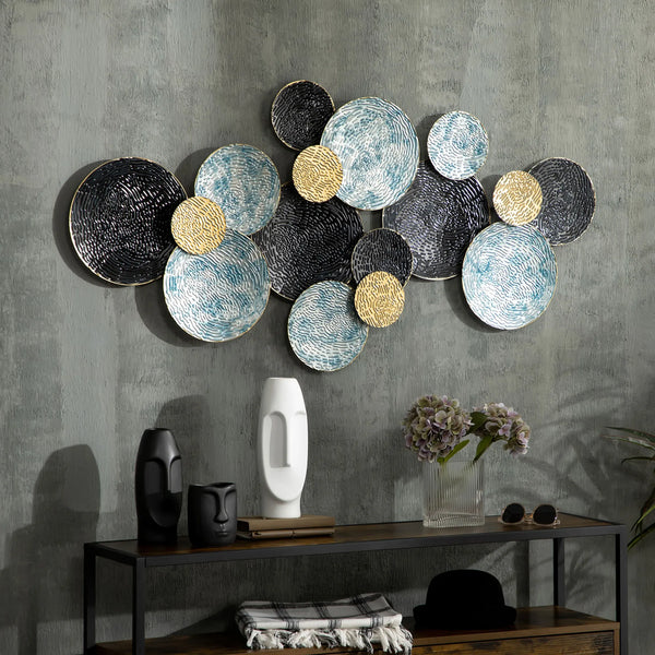 3D Metal Circle Wall Art, 133 x 66cm, Blue, Gold and Black
