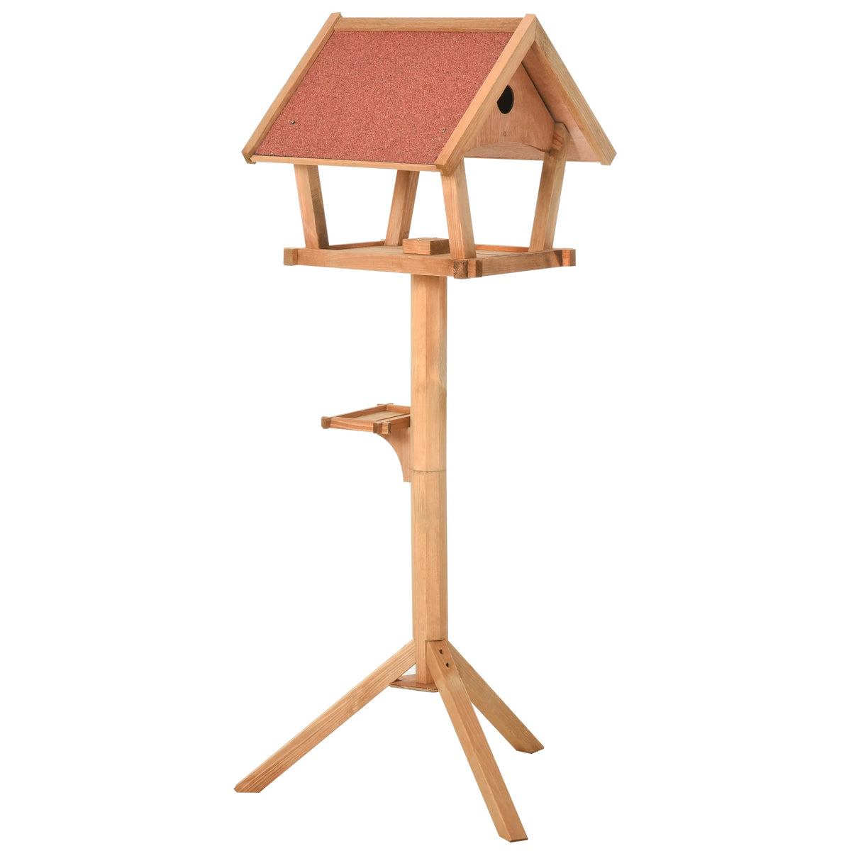 Wooden Bird Feeder Stand 49x45x139cm Fir Wood with 2 Platforms Nesting Space and Asphalt Roof Natural