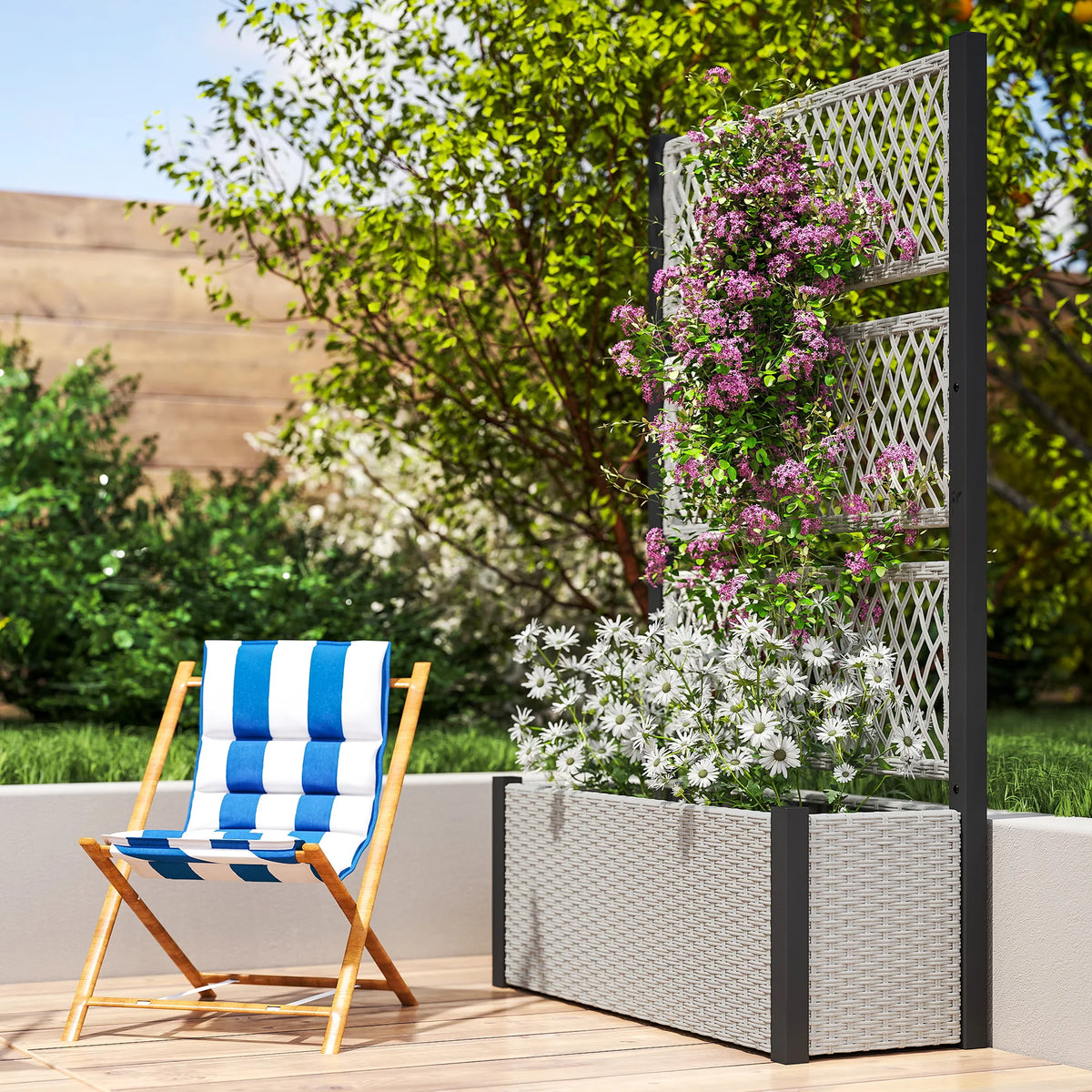 Raised Garden Planter Box with Trellis and Liner, Rattan Effect, 90 x 35 x 148cm