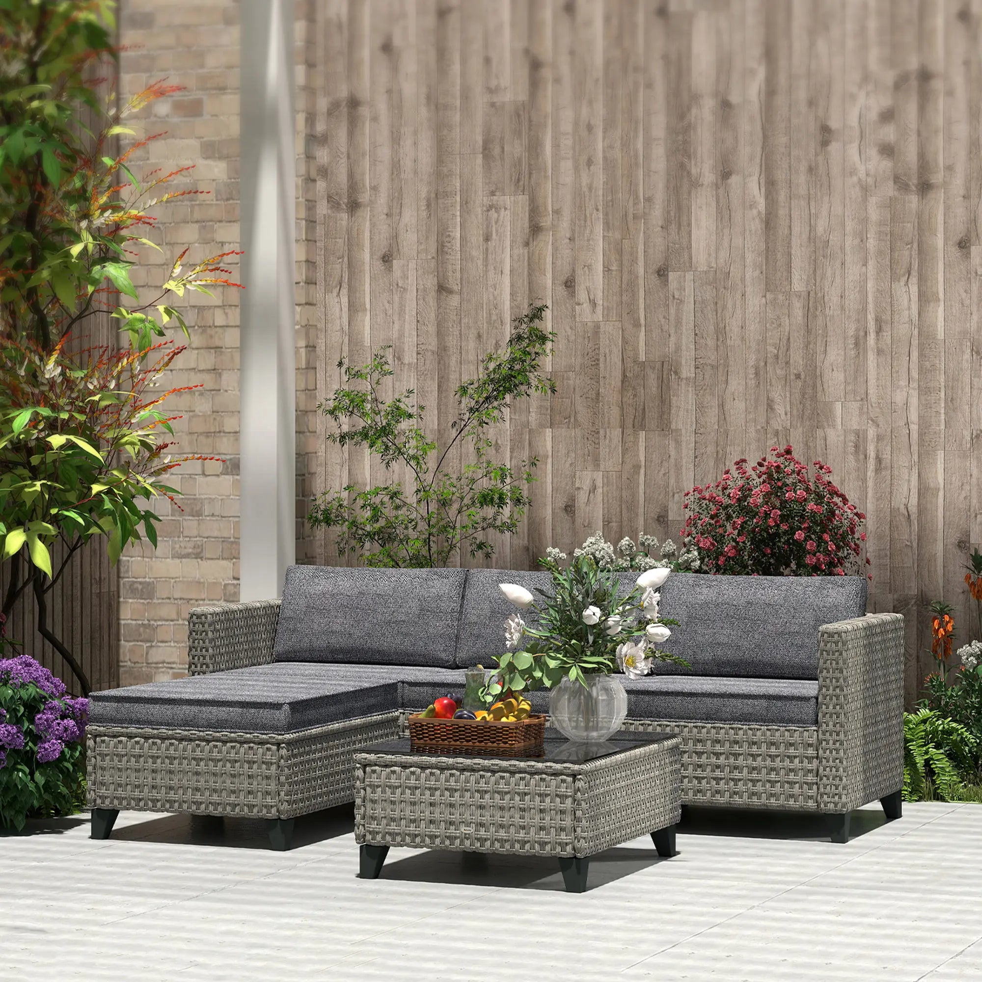 5-Piece Rattan Patio Corner Sofa Set with Footstool and Glass Coffee Table