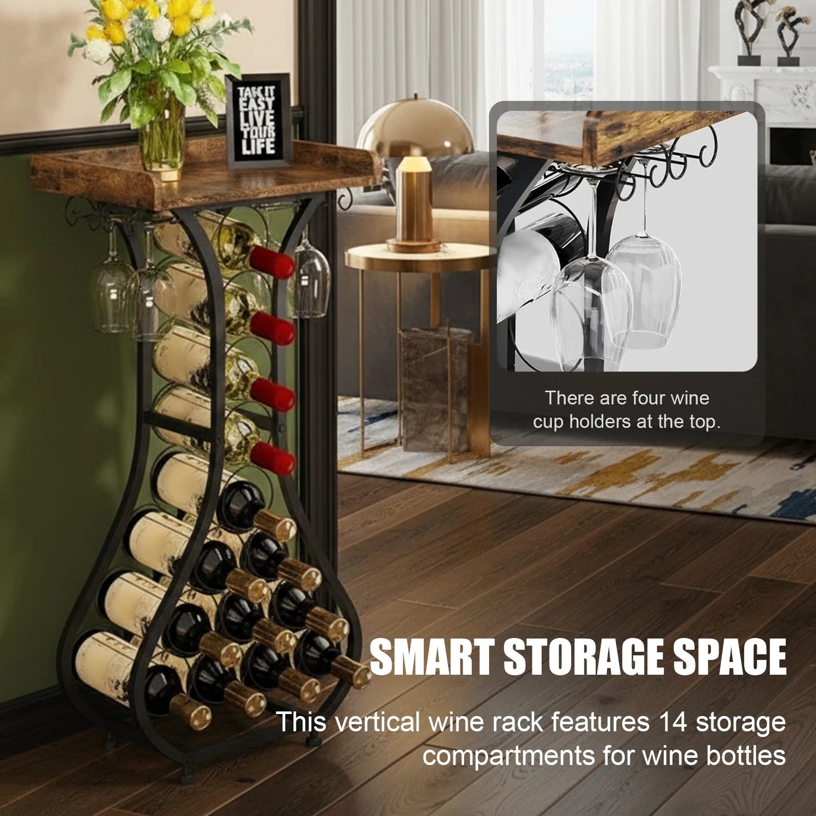 14 Bottle Freestanding Wine Rack with Glass Holder and Wood Tabletop | Metal Wine Display Stand for Home Bar Kitchen