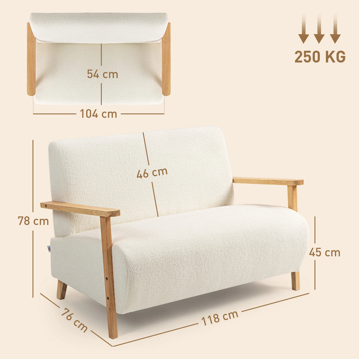 2 Seater Sherpa Loveseat Sofa with Rubber Wood Armrests and Legs Nordic Style Thick Padding Cream