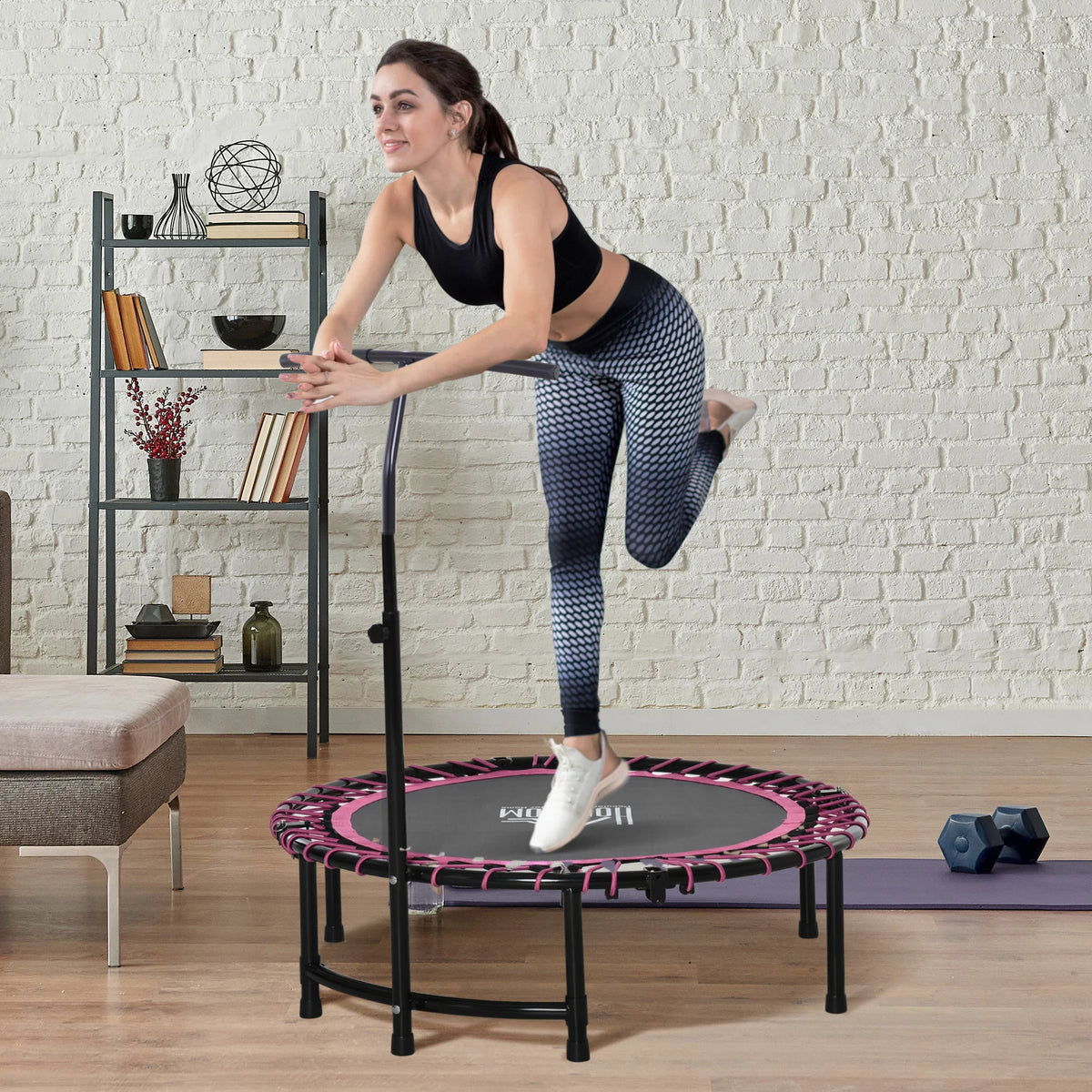 Foldable Trampoline, Silent Bouncer Jumper with Adjustable Handle - Pink