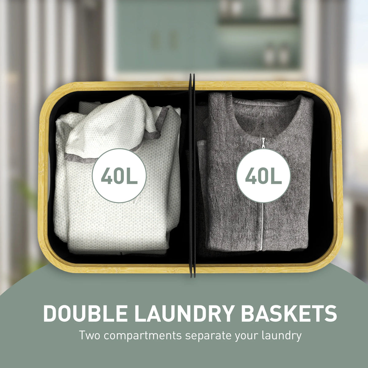 Collapsible Laundry Hamper 80L with 2 Compartments and Lids Bamboo Frame 54x34x58.5cm Black