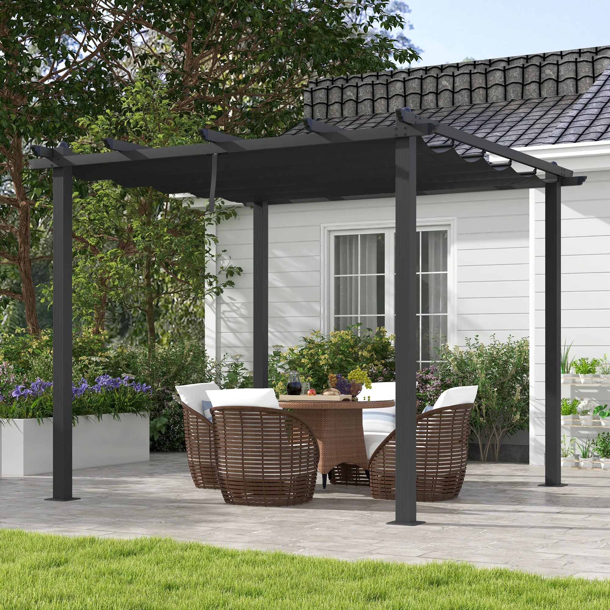 3 x 3m Aluminium Pergola with Retractable Roof, UV-Resistant Canopy and Ground Stakes
