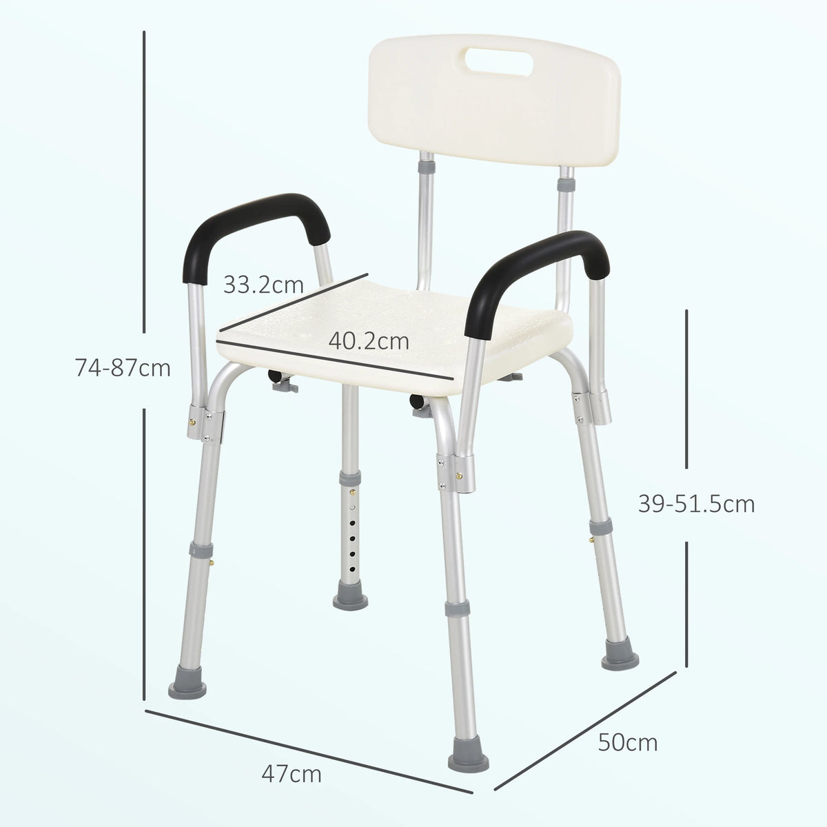 Shower Chair with Back and Padded Armrests Height Adjustable Legs Aluminium Frame Non Slip Rubber Tips