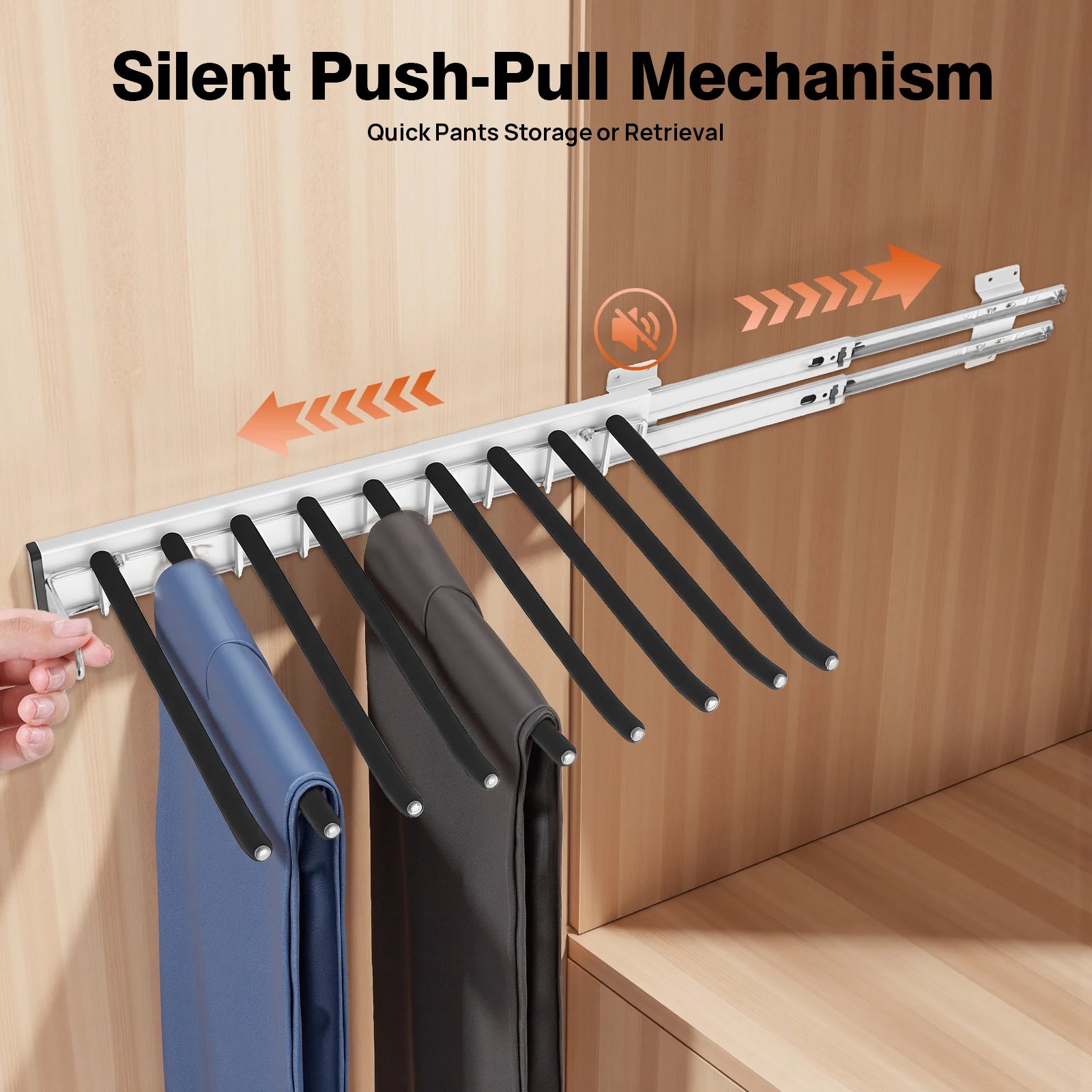 9 Rod Wall Mount Pants Rack 16kg Load Silent Slide Flocking for Trousers Ties Scarves Wardrobe Organiser
