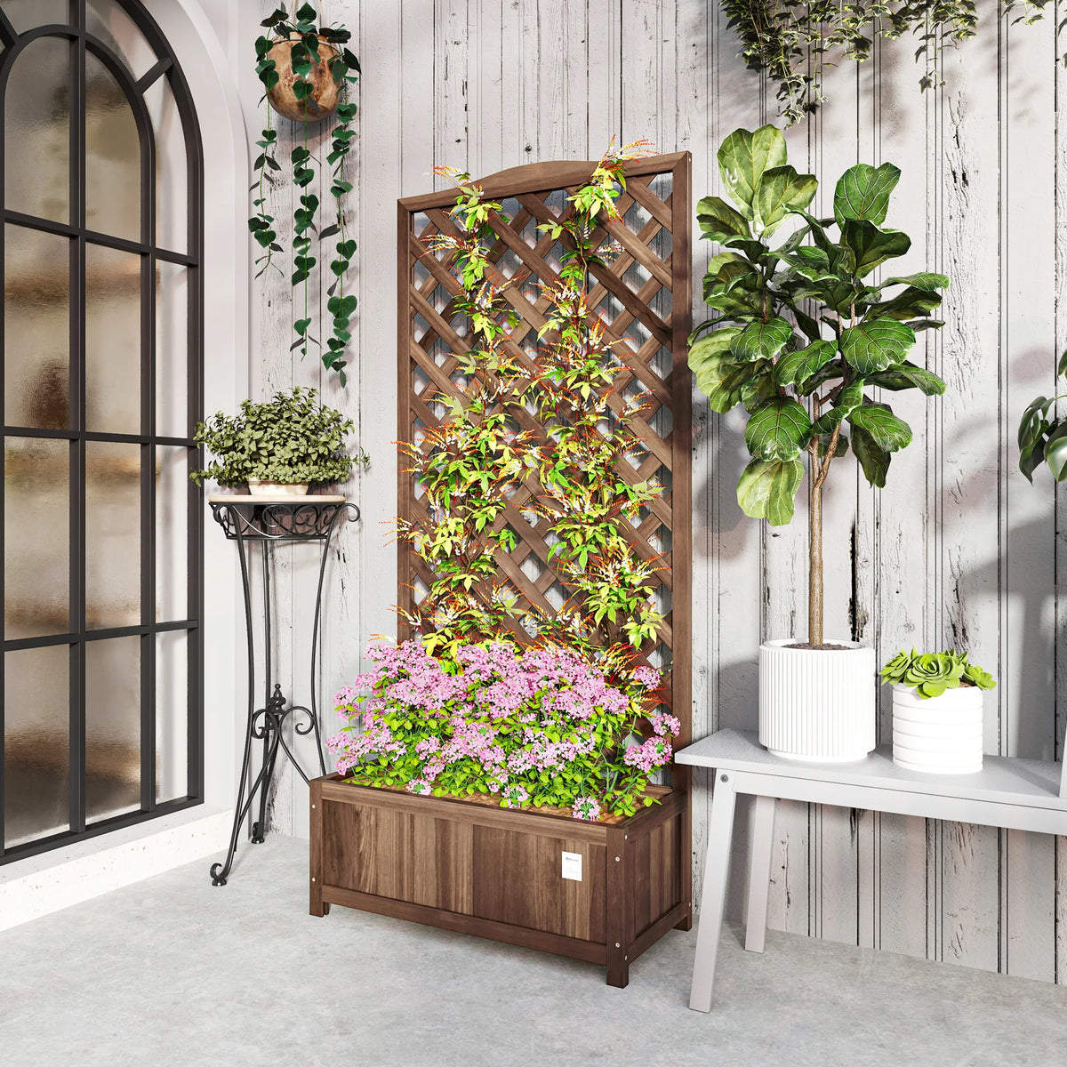 Garden Wooden Planter Box with Trellis Lattice Flower Raised Bed, Dark Brown