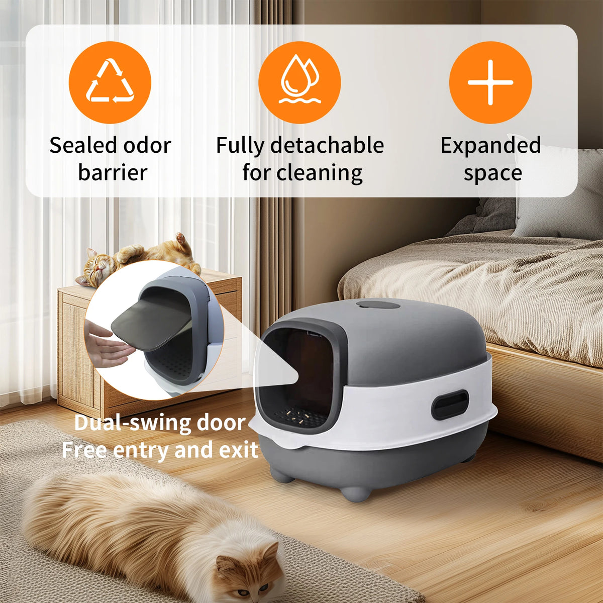 Large Enclosed Cat Litter Box Hooded Front Entry 34x56x38cm Anti-Splash with Scoop Grey