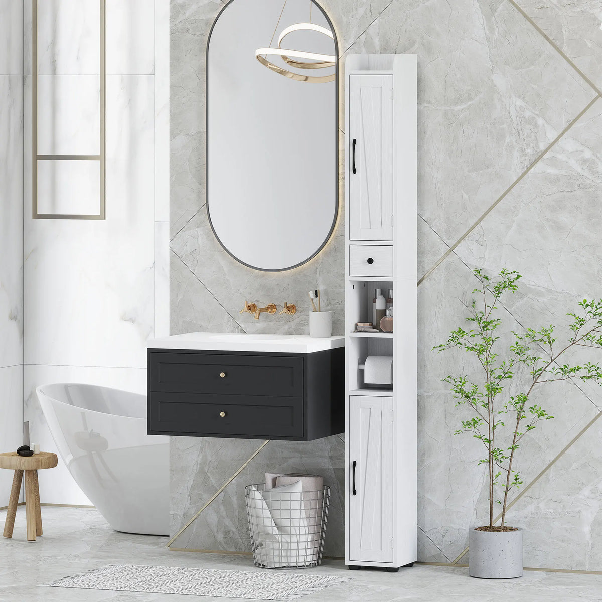 Tall Slim Bathroom Storage Cabinet with Toilet Roll Holder, White
