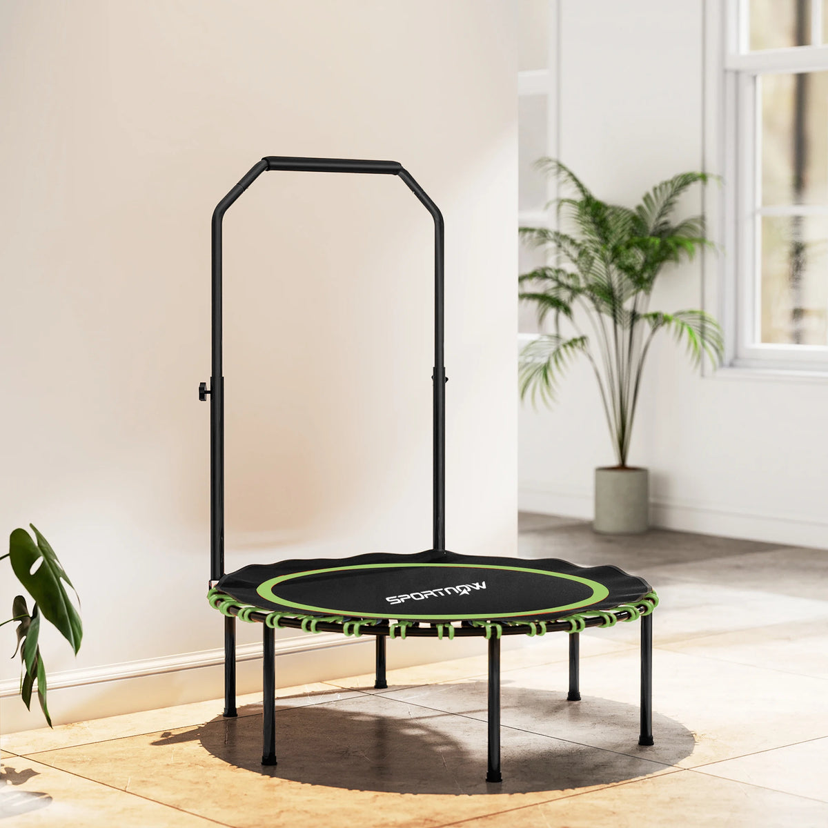 40'' Foldable Fitness Trampoline, Mini Trampoline Bungee Rebounder with 5-Level Adjustable Handle for Adults Indoor Outdoor
