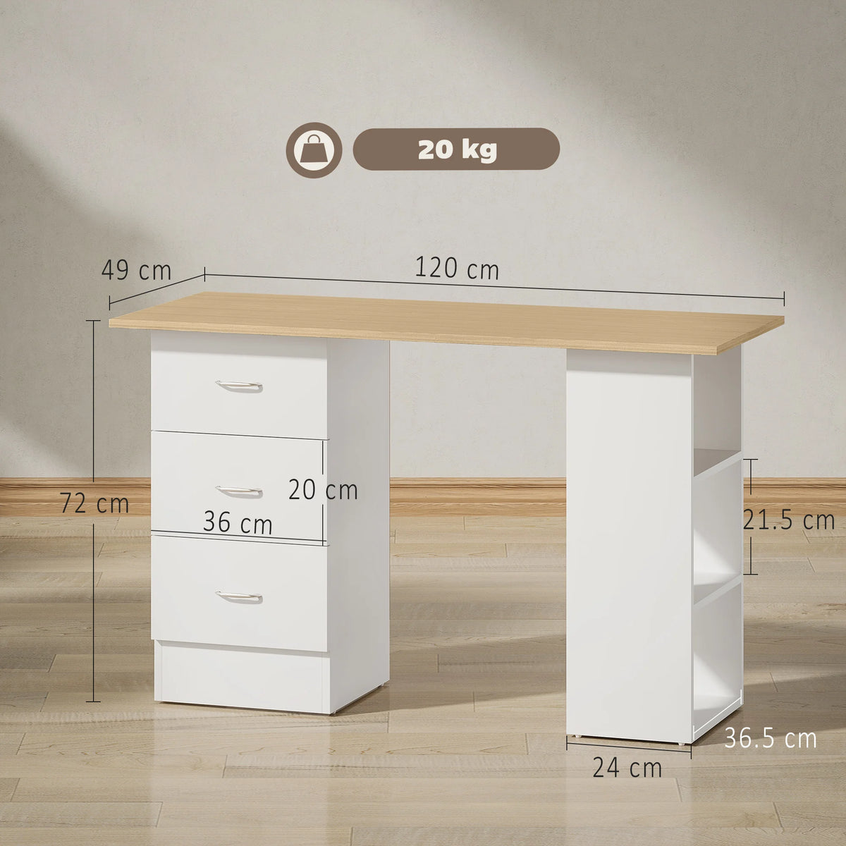 Computer Desk 120x49x72cm with 3 Drawers and 3 Open Shelves Reversible MDF Study Table Natural