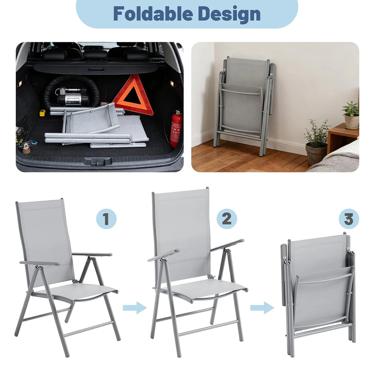 Set of 2 High Back Aluminium Folding Garden Chairs with Armrests 8 Position Adjustable for Patio Camping Balcony