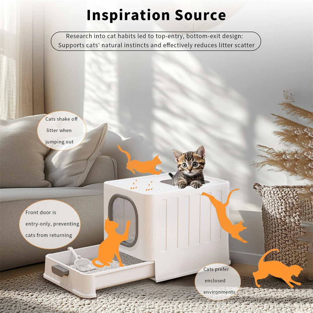 Enclosed Cat Litter Box with Drawer 48.3x35.8x38.8cm Front Top Doors Acrylic Window Lid Scoop White Grey