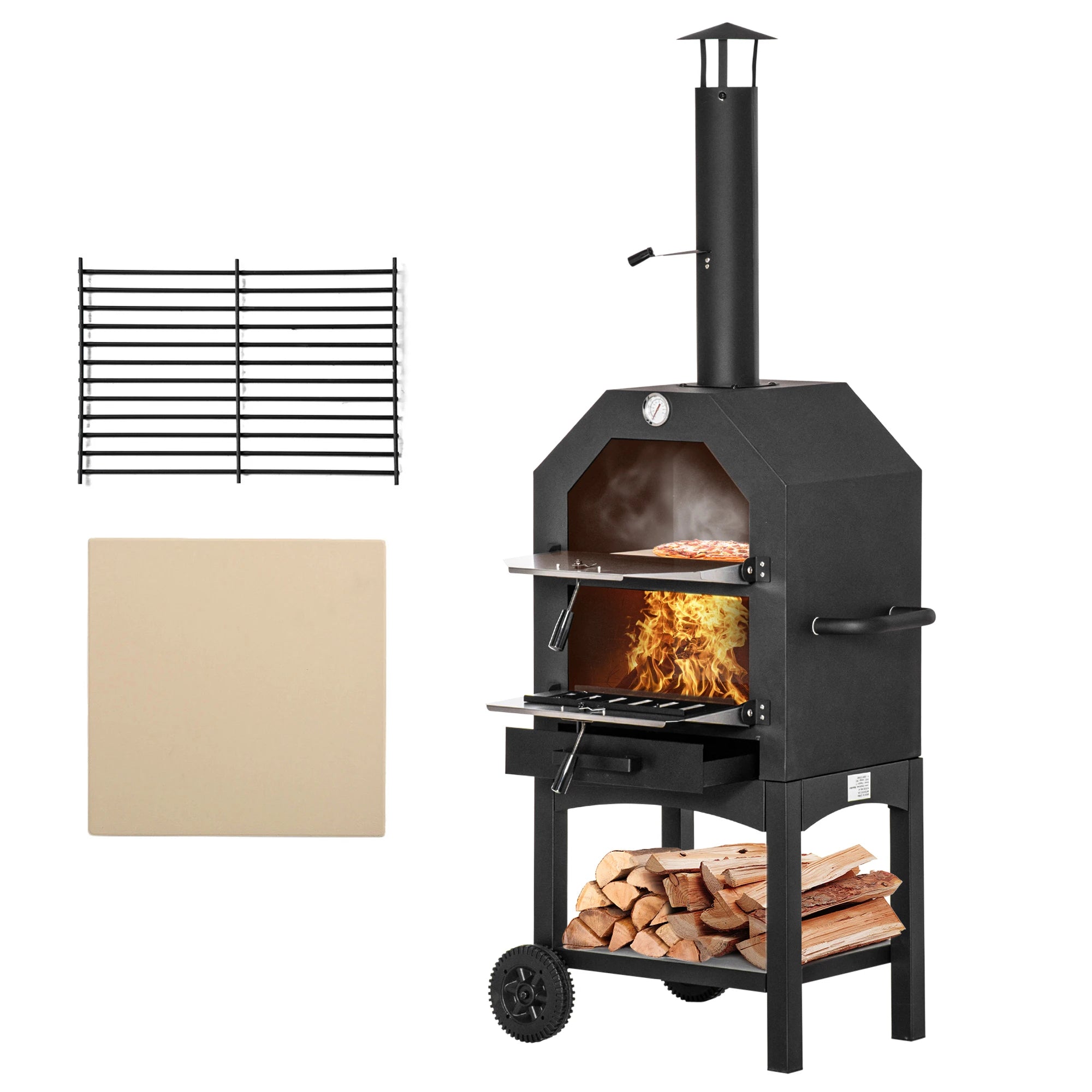 Charcoal Pizza Oven Outdoor BBQ Grill with Thermometer 3 Tier Design Chimney and Wheels for Garden Patio