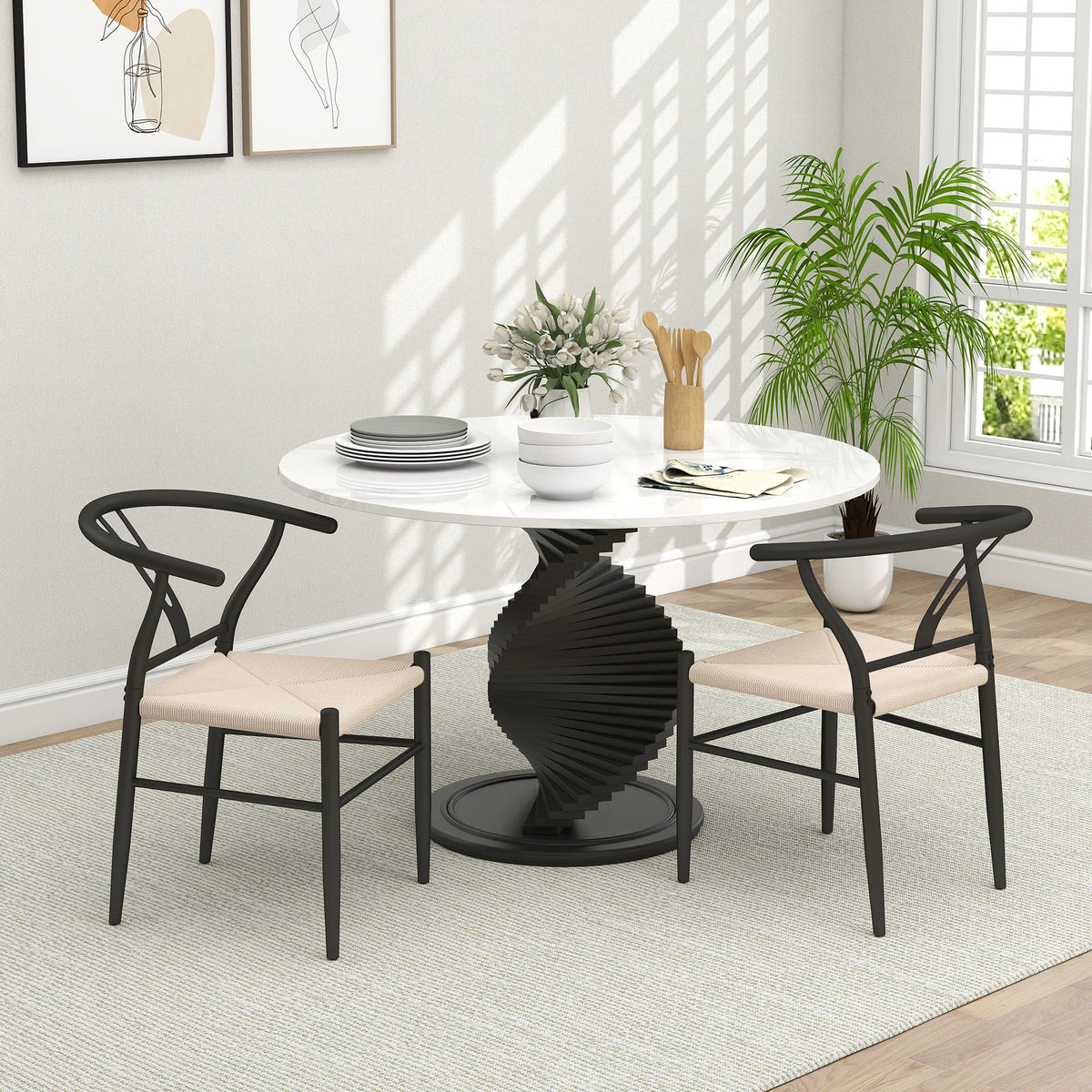 Weave Dining Chairs Set of 2 with Y-Shaped Backrest, Woven Seat, Black