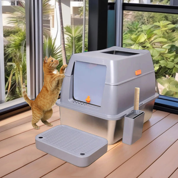 Extra Large Enclosed Stainless Steel Cat Litter Box 40x60x40.5cm Front Top Entry Lid Scoop Durable