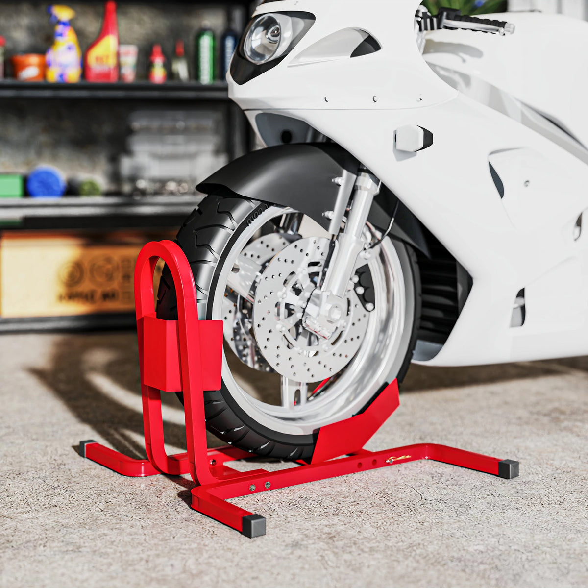 Motorcycle Wheel Chock Stand, Adjustable for 17–21" Front Wheels, Red