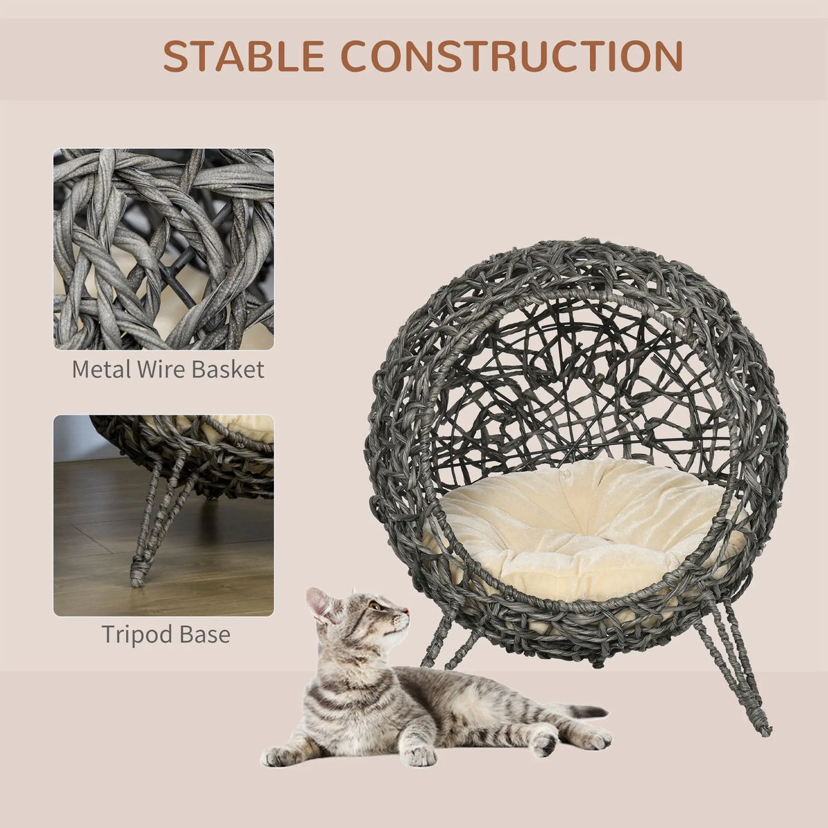 Elevated Rattan Cat House with Cushion Hand Woven PE Wicker Basket on 3 Metal Legs Large Entrance Grey