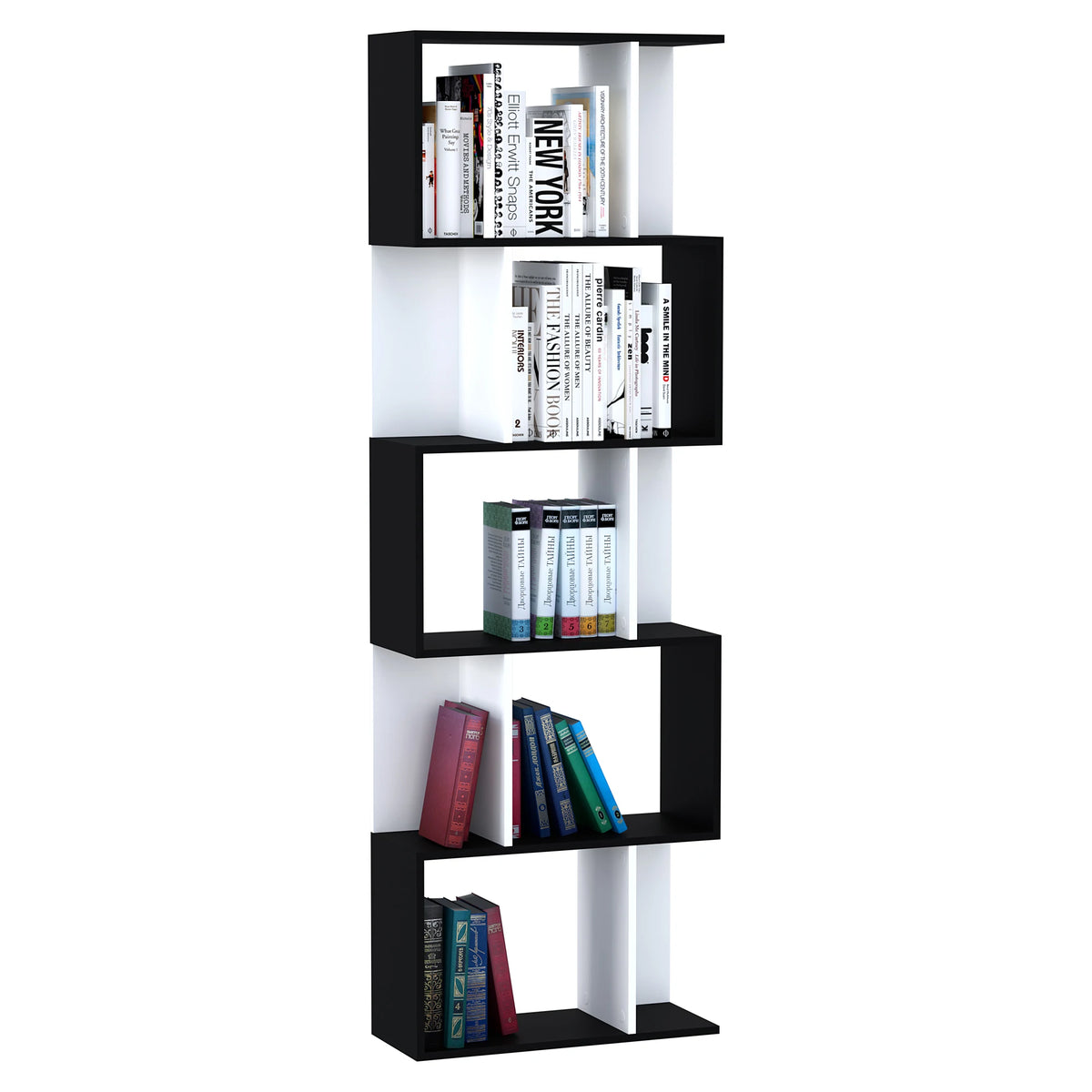 5 Tier S Shape Bookcase Open Back Shelving Unit Doubles as Room Divider Particle Board Black