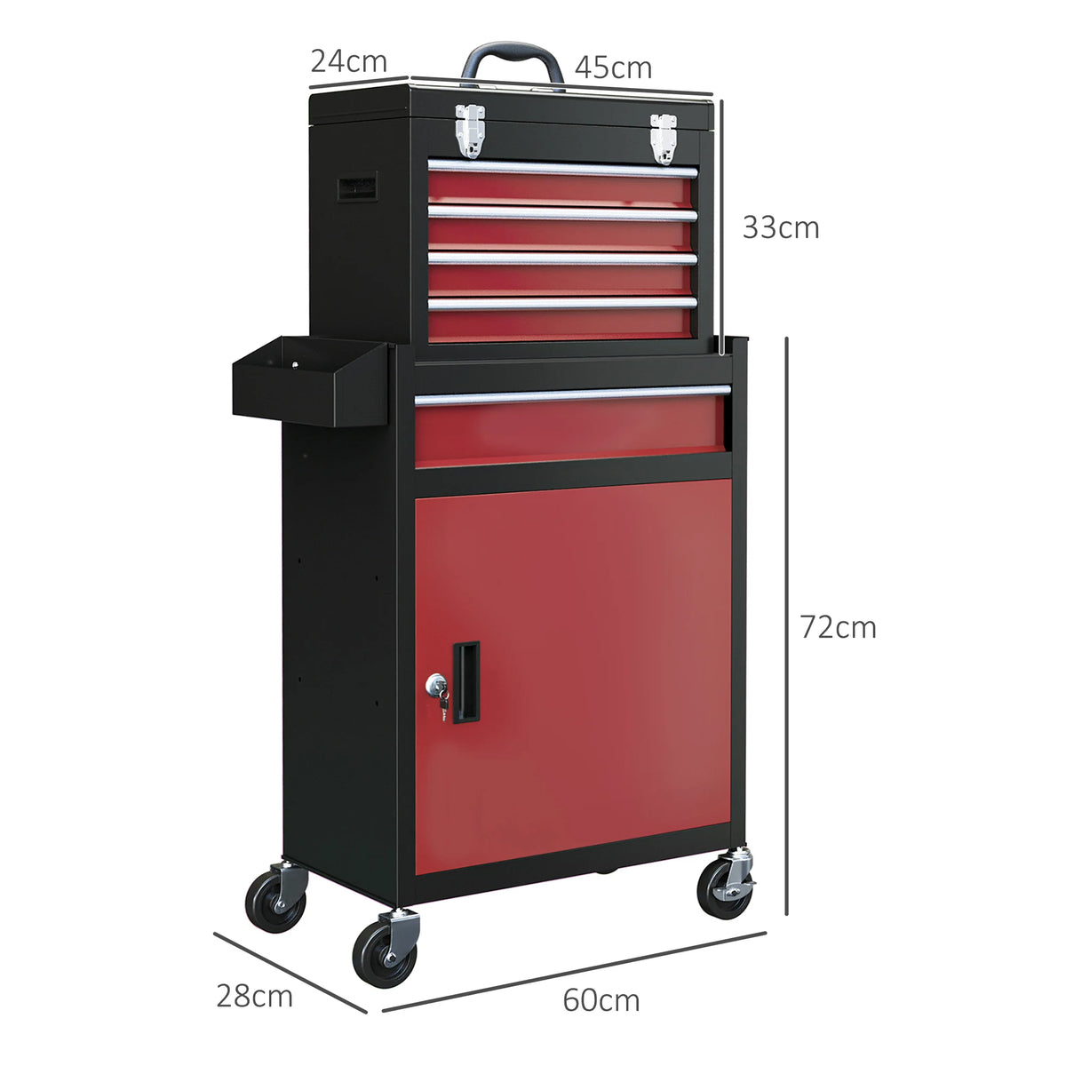 Rolling Tool Cabinet with Top Chest, 5 Drawers and Lockable Cupboard, Red and Black