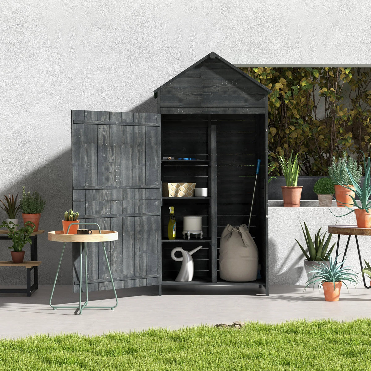 Wooden Garden Storage Shed with 3 Shelves and 2 Doors, 84 x 52 x 188 cm, Grey