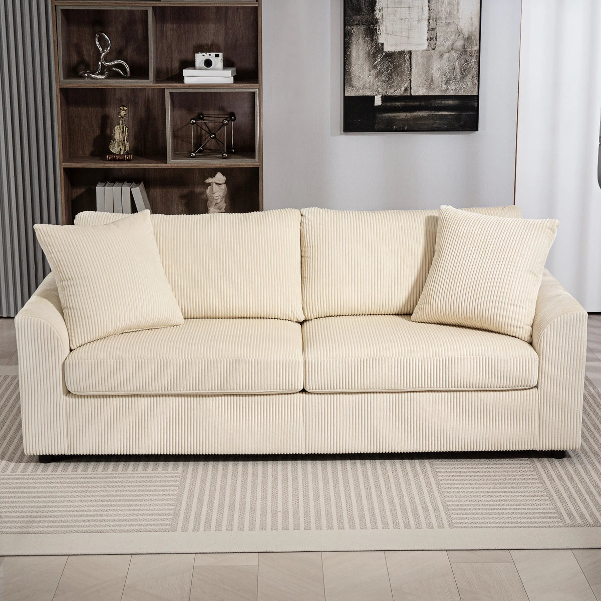 Compact 3 Seater Corduroy Sofa with Pocket Spring Cushions, Cream White