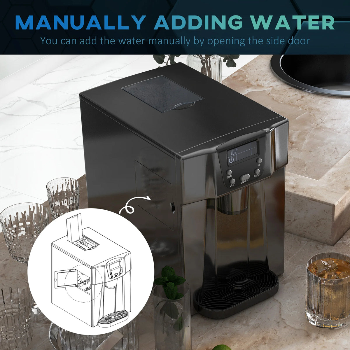 Countertop Ice Maker and Water Dispenser, 12kg/24h, 3L Tank, Black