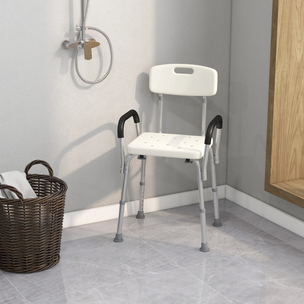 Shower Chair with Back and Padded Armrests Height Adjustable Legs Aluminium Frame Non Slip Rubber Tips
