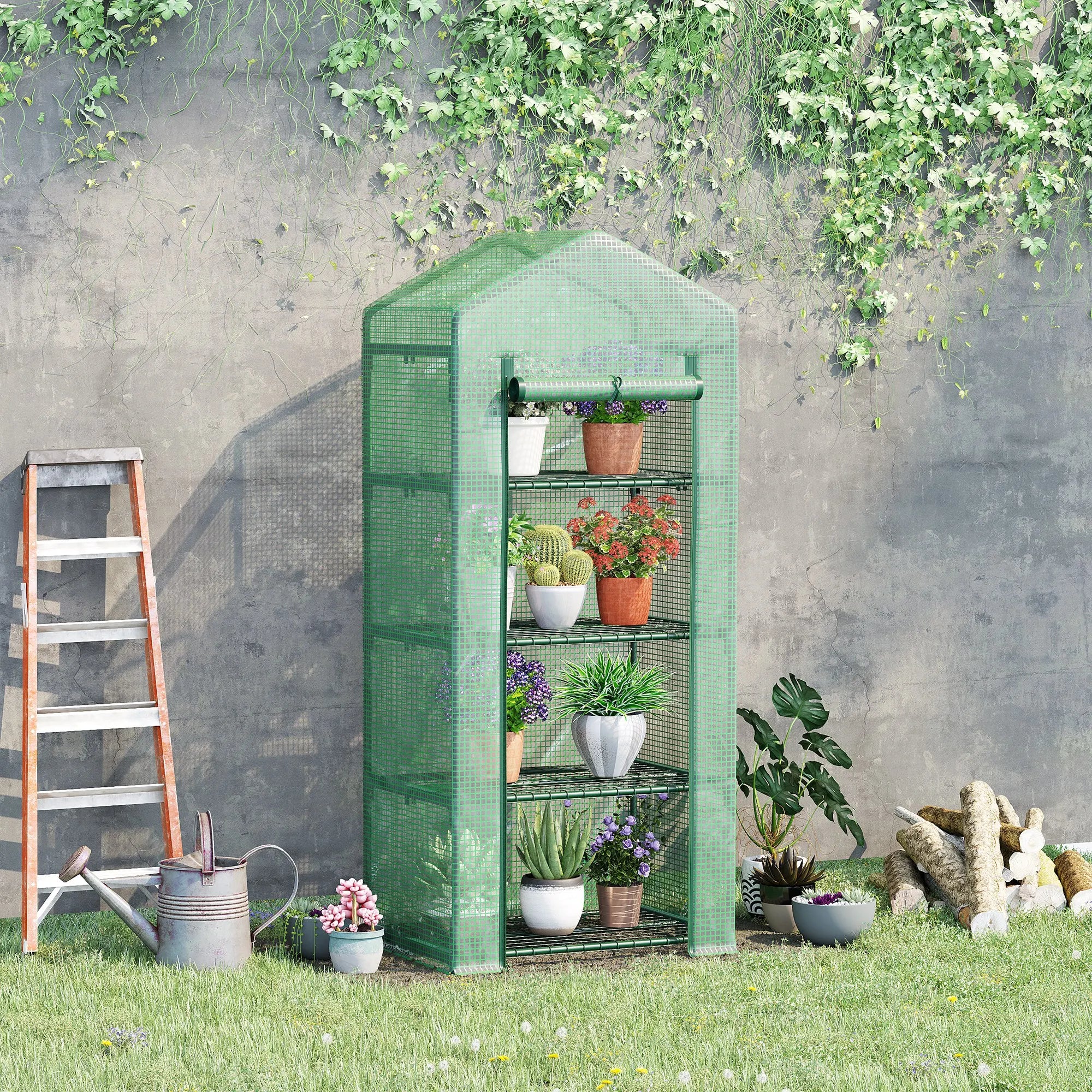 4-Tier Mini Greenhouse with Roll-Up Zipped Door, 140gsm PE Cover and Powder-Coated Steel Frame