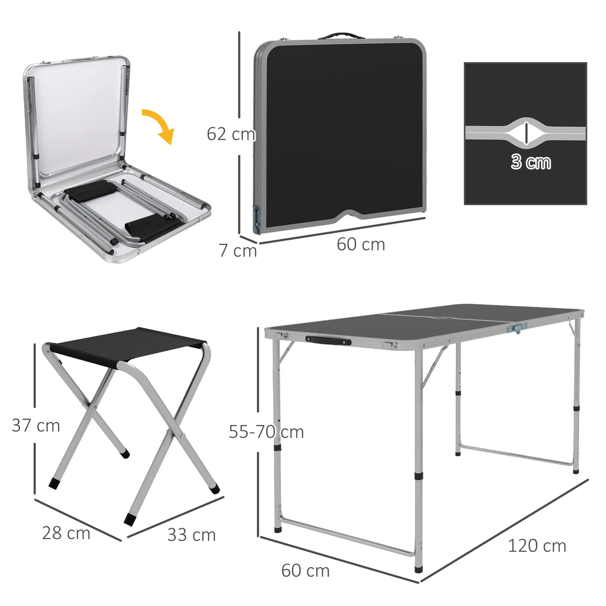 Folding Aluminium Picnic Table and 4 Chairs Set with Adjustable Height, Black