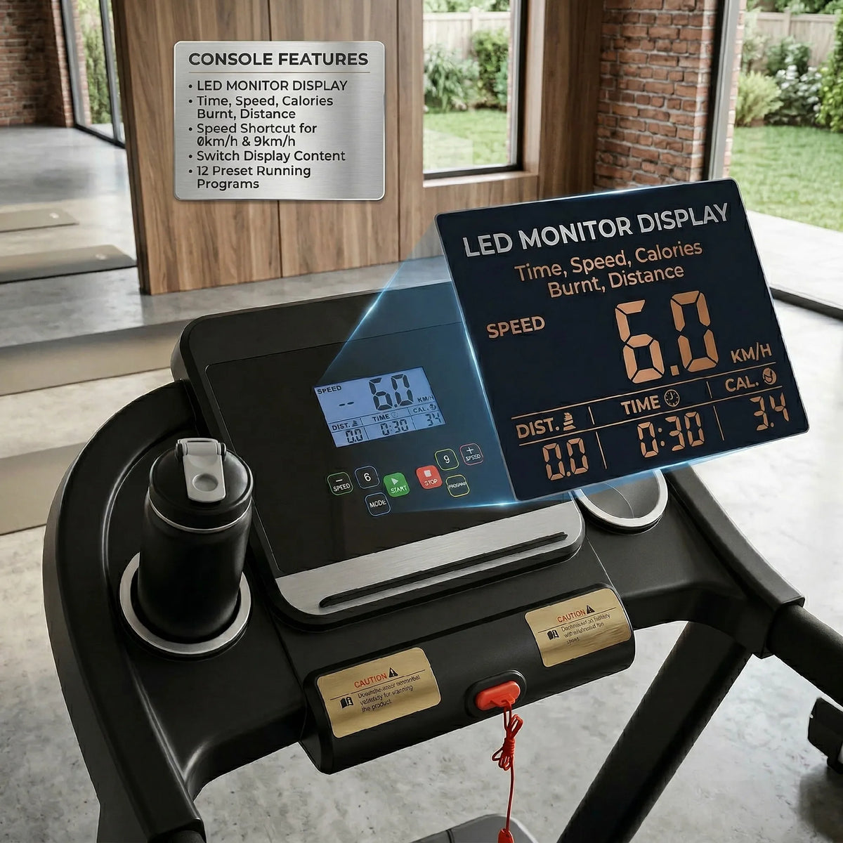 1.5HP Treadmill, 12km/h Electric Motorised Running Machine, LED Display, for Home Gym Indoor Fitness